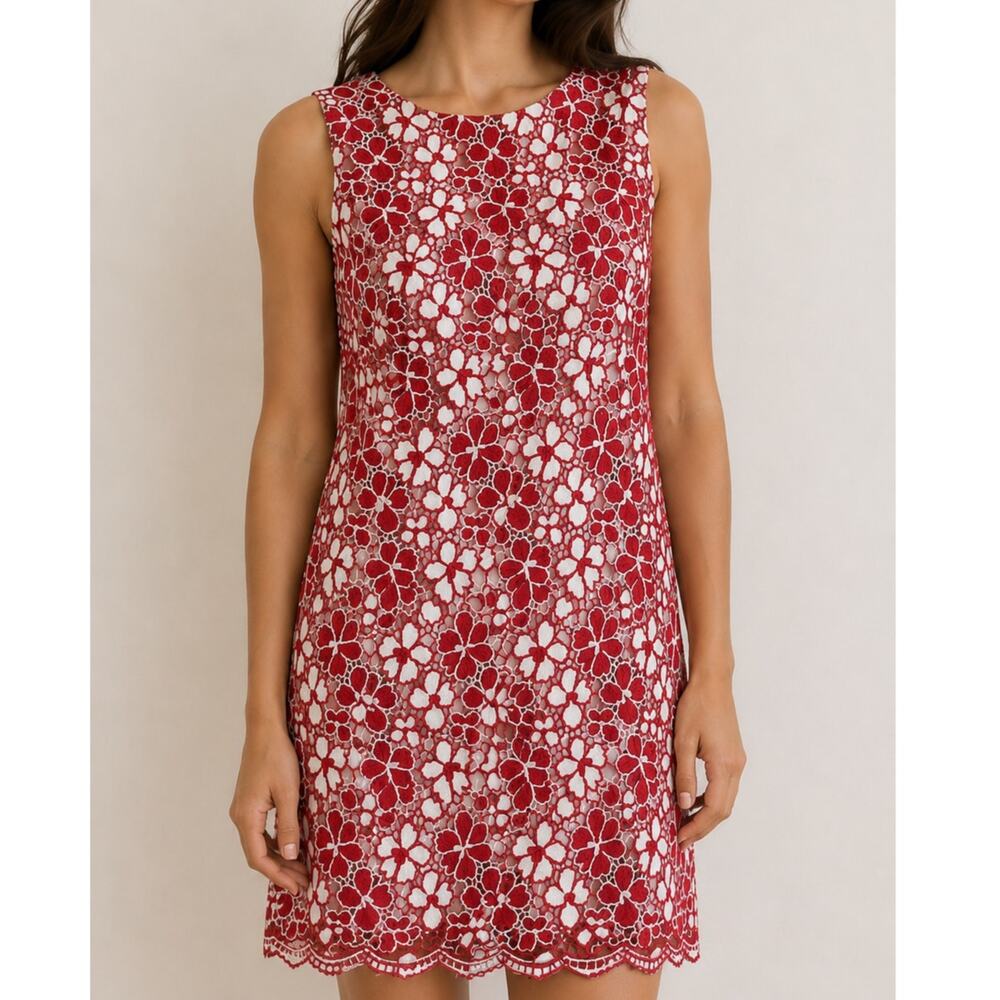 Gracia Red & White Floral Lace Mini Sleeveless Shift Dress – Size Large